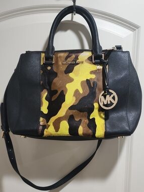 Michael Kors Black Leather Satchel with Yellow and Brown Camo Panel
